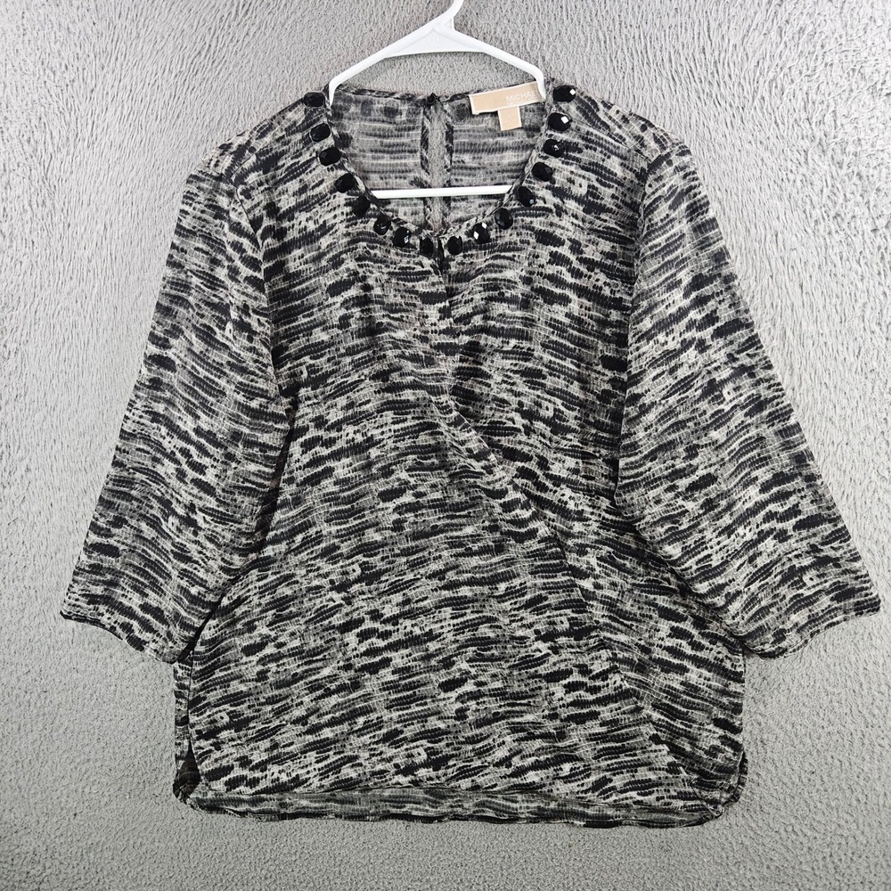 Michael Michael Kors Gray Black Abstract Print Beaded Neck Faux Wrap Blouse L
